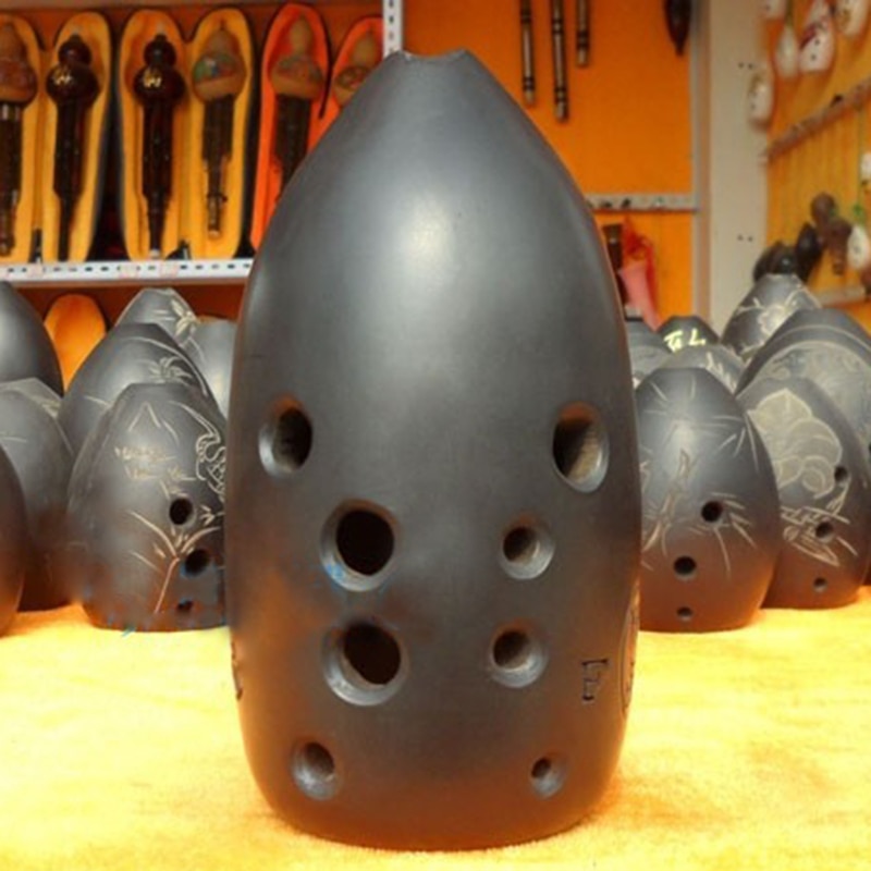 Flauta china antigua Xun de cerámica negra, instrumento Musical de arcilla de doble cámara, llave G/F, Ocarina, 10 agujeros