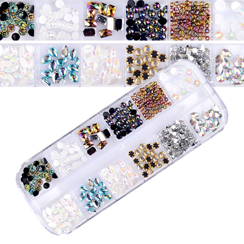 Mix 12 Kleur Cirkel Kralen Nail Art Tips Rhinestones Glitters Acryl Uv Gel Gems Decoratie Met Hard Case