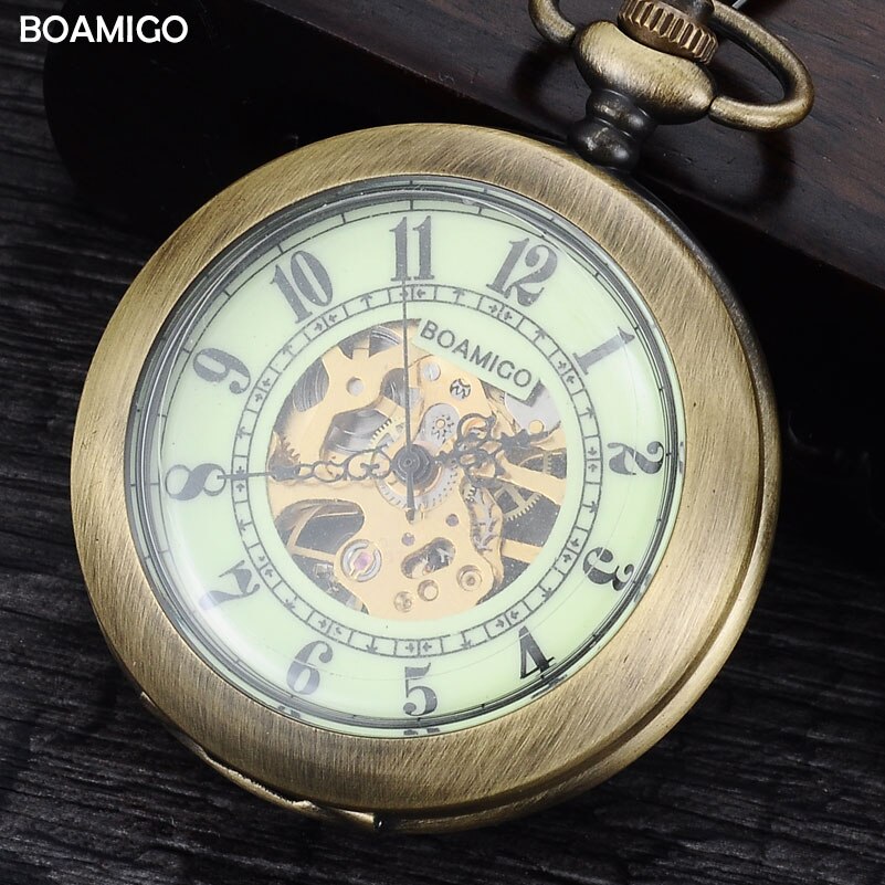 Fob mannen pocket horloges antieke mechanische horloges skeleton koper klok legering case luxe keten boamigo brand reloj hombre