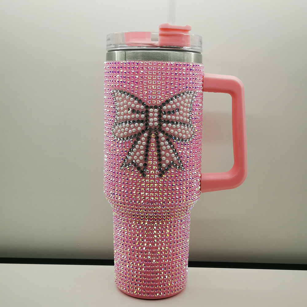 Taza Termo de diamante de 40oz con asa, botella aislada de café al vacío de acero inoxidable 304, frascos portátiles para coche: BLANCO