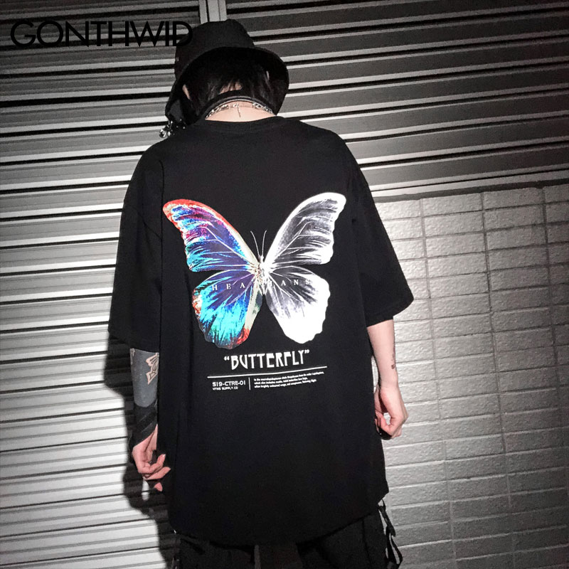 GONTHWID papillon imprimer à manches courtes t-shirts Streetwear Hip Hop décontracté ample t-shirts chemises hommes Harajuku été hauts homme
