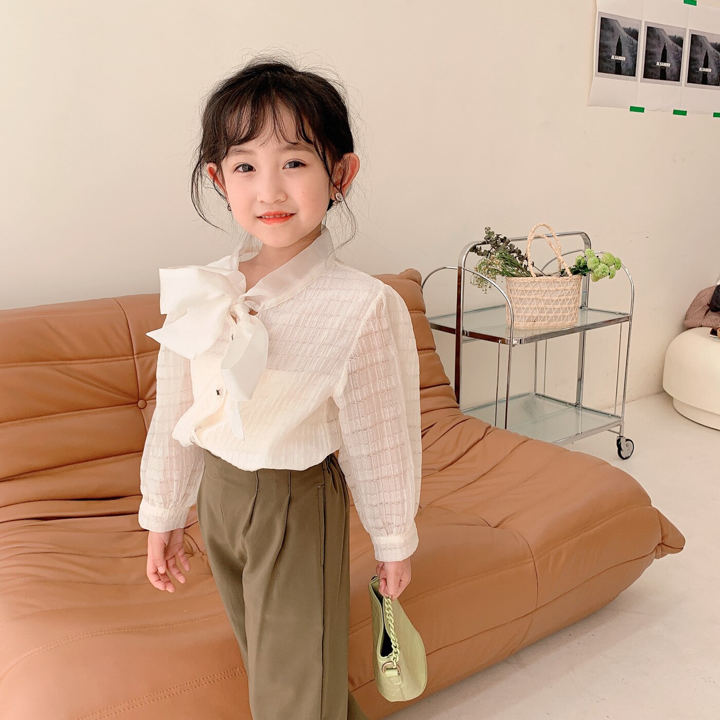 Preppy Style Girls Bows Ties White Blouse for Kids Lovely Long Sleeve Spring Costume Show Basic Tops Outfit Children
