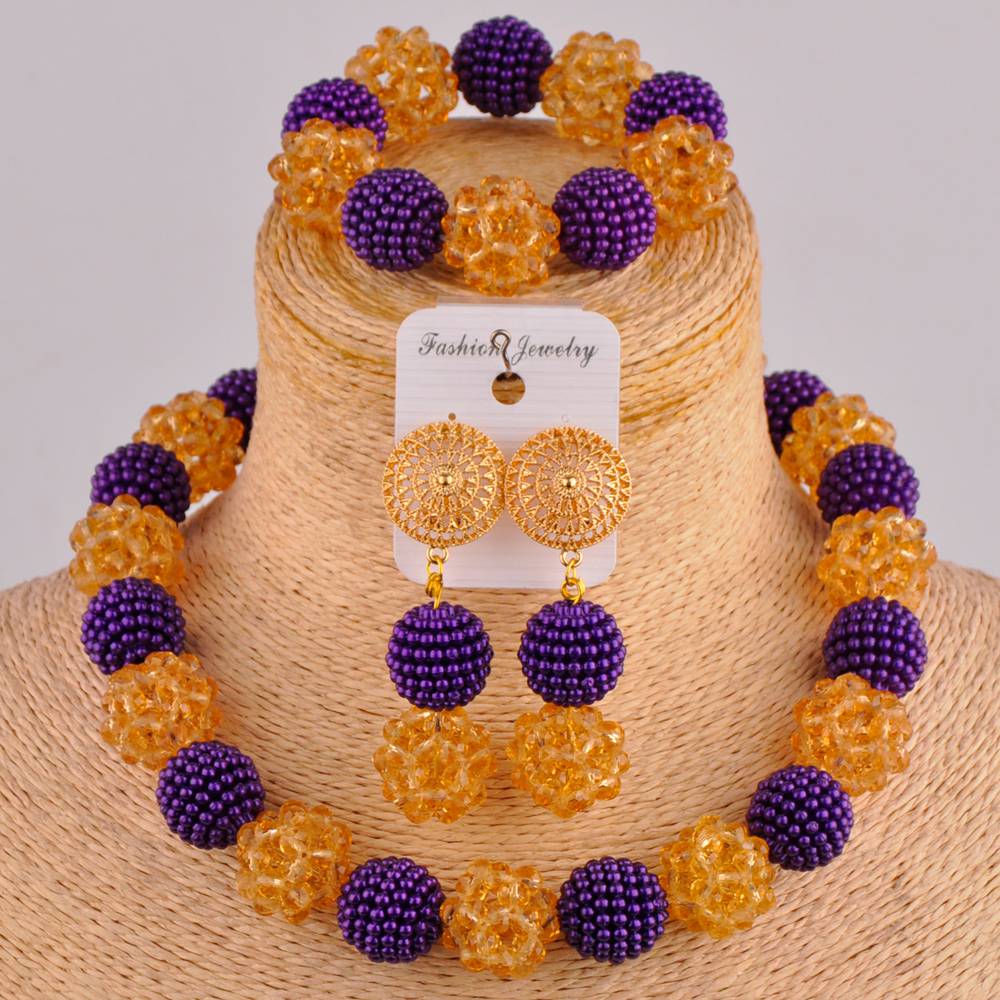 Royal Blue and Yelow African Beads Jewelry Set: Purple Gold
