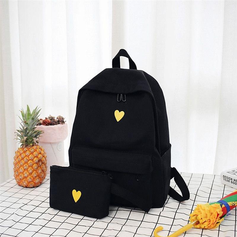 Lærred rygsæk simpel kærlighed indretning rygsæk til pige skole rejse shopping teenagere skole rygsæk (sort)
