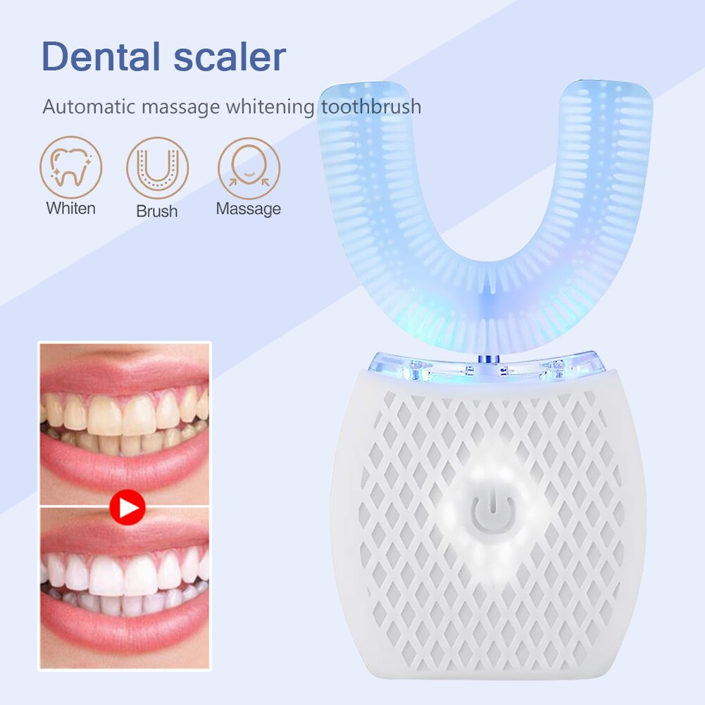 U Shape Sonic Electric Toothbrush 360 Degrees Intelligent USB Rechargeable Blue Cold-light Teeth Whitening Adult Tooth Brushes