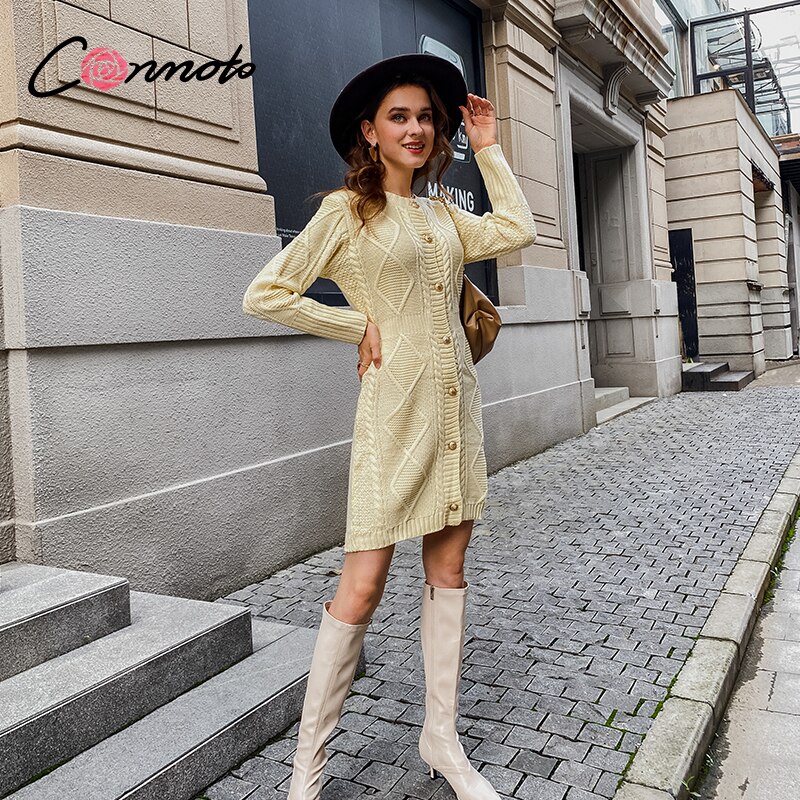 Conmoto Elegante Lichtgeel Gebreide Vrouwen Jurk Ronde Hals Lange Mouwen Jurk Herfst Winter Slanke Jurk Streetwear