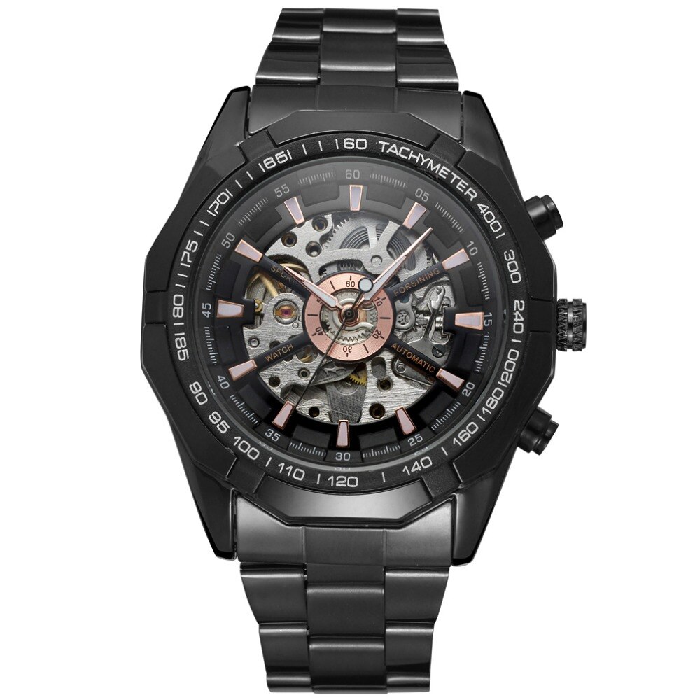 Mannelijke Horloges Winnaar Automatische Horloge Luxe Mannen Roestvrij Staal Zelf Wind Skeleton Mechanische Horloge Klok: full black