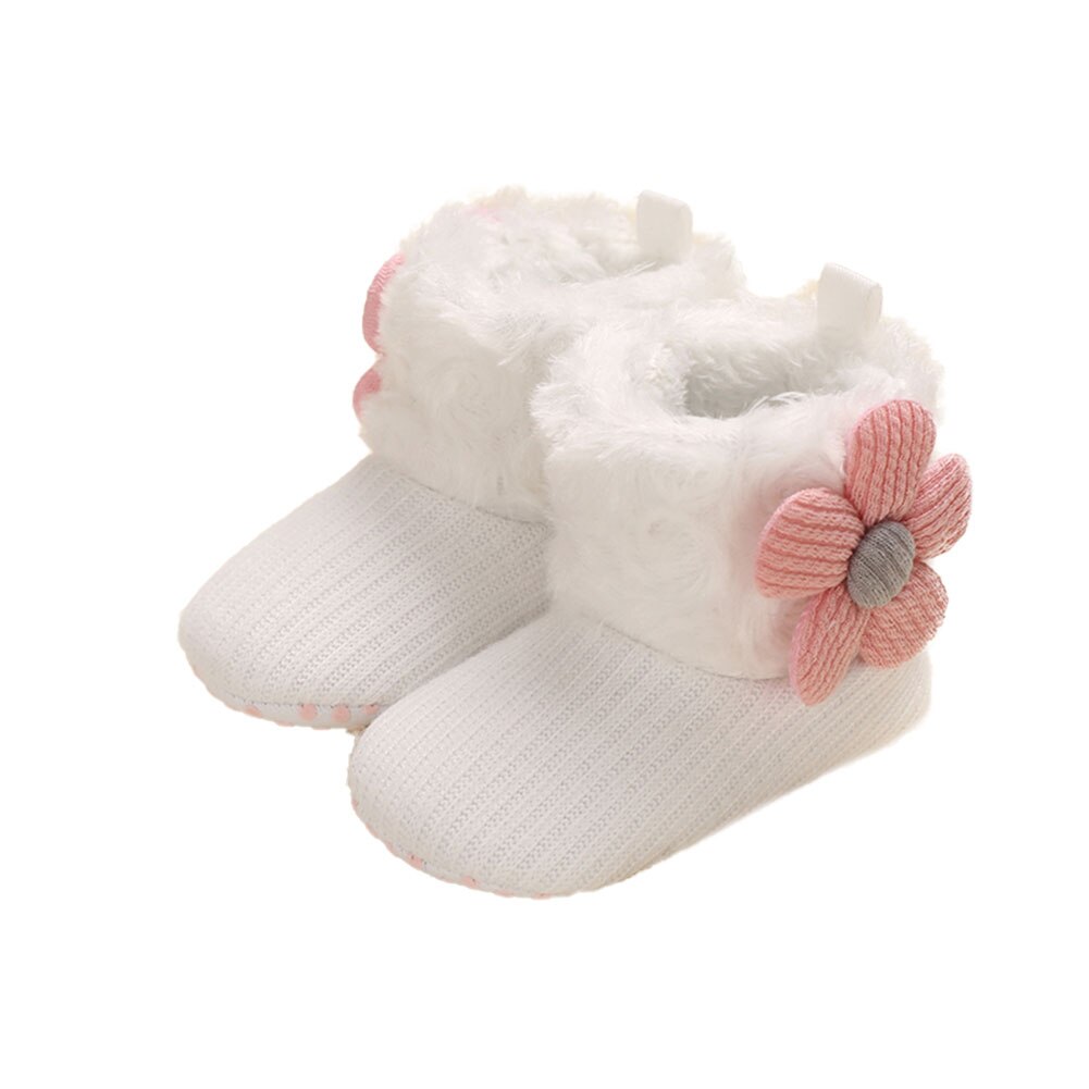 Baby Meisjes Snowboots Zachte Faux Fur Knit Bloem Booties Anti-Slip Baby Prewalkers 0-18M: WHITE / 7-12 Months