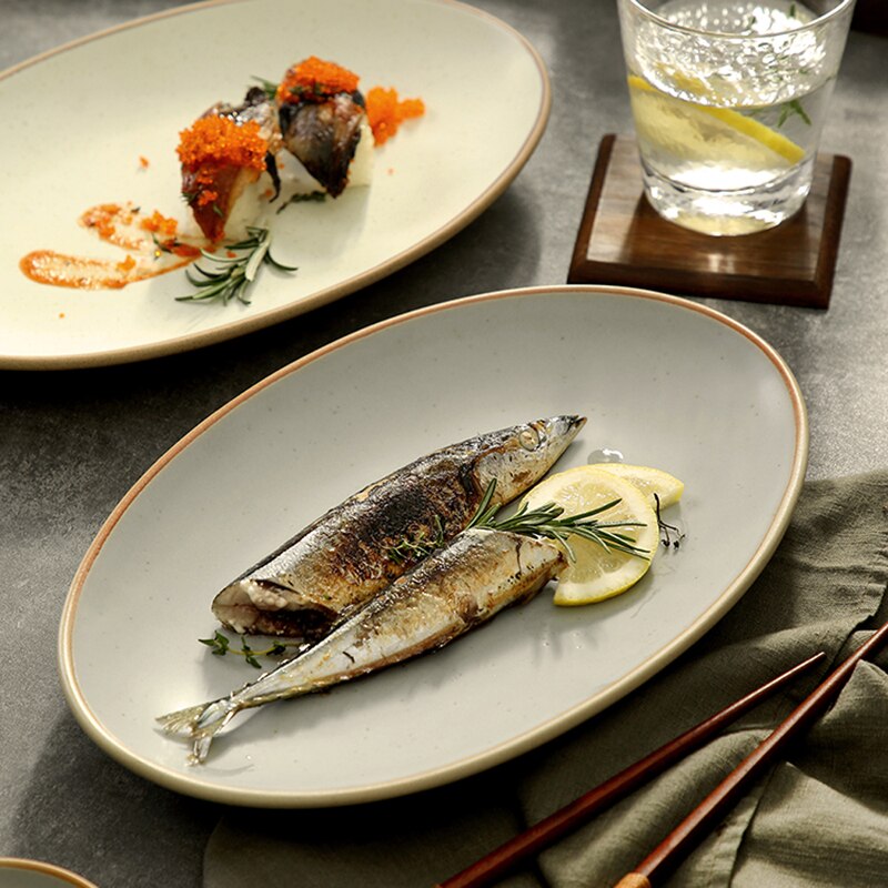 Large size fish plate with chopped pepper fish head ceramic plate oval large-capacity flat plate cooking plate steamed