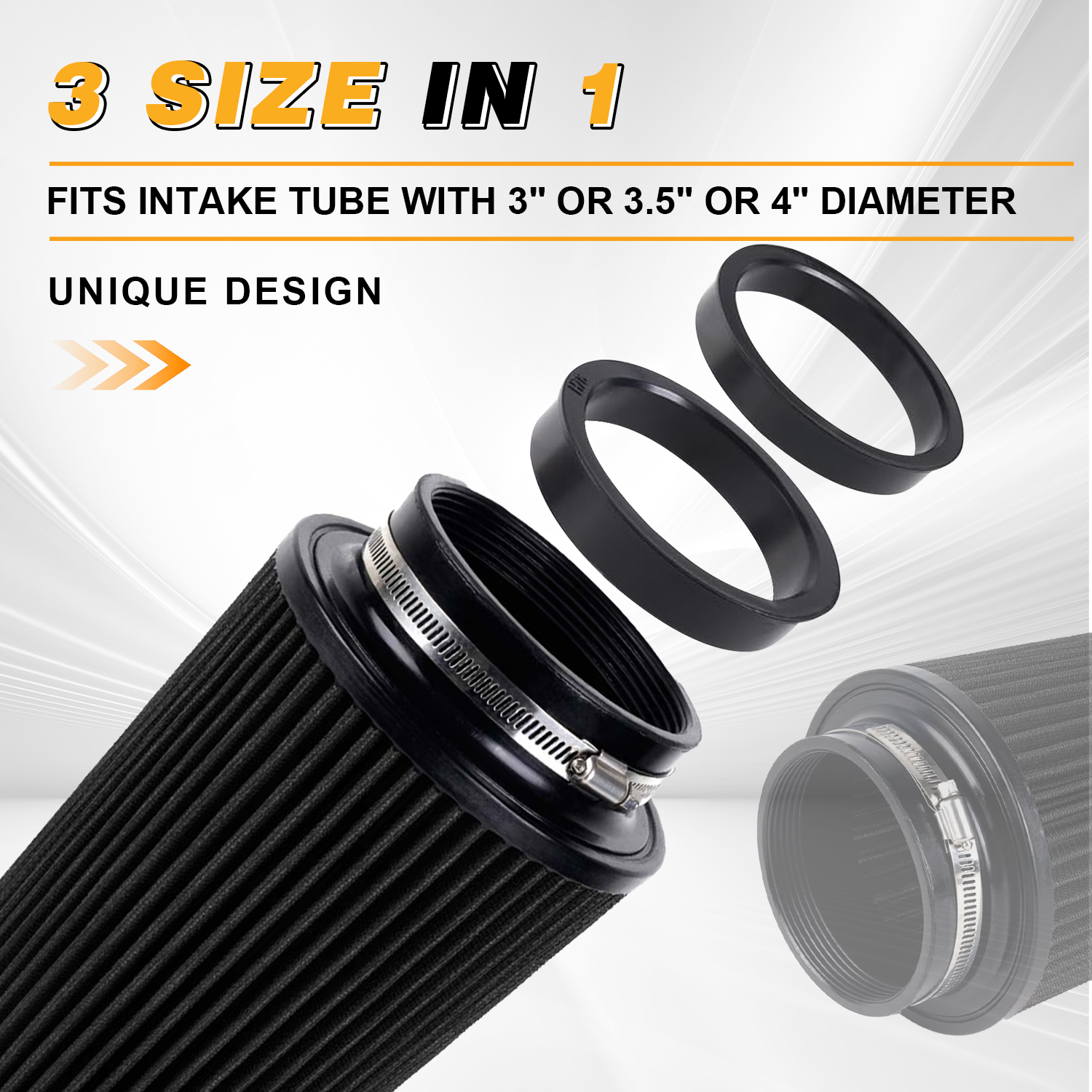 76mm 89mm 102mm 3" 3.5" 4" Universal High Flow Cold Air Intake Air Filter 10.6" Tall Washable Air Filters With Adapters OFI141