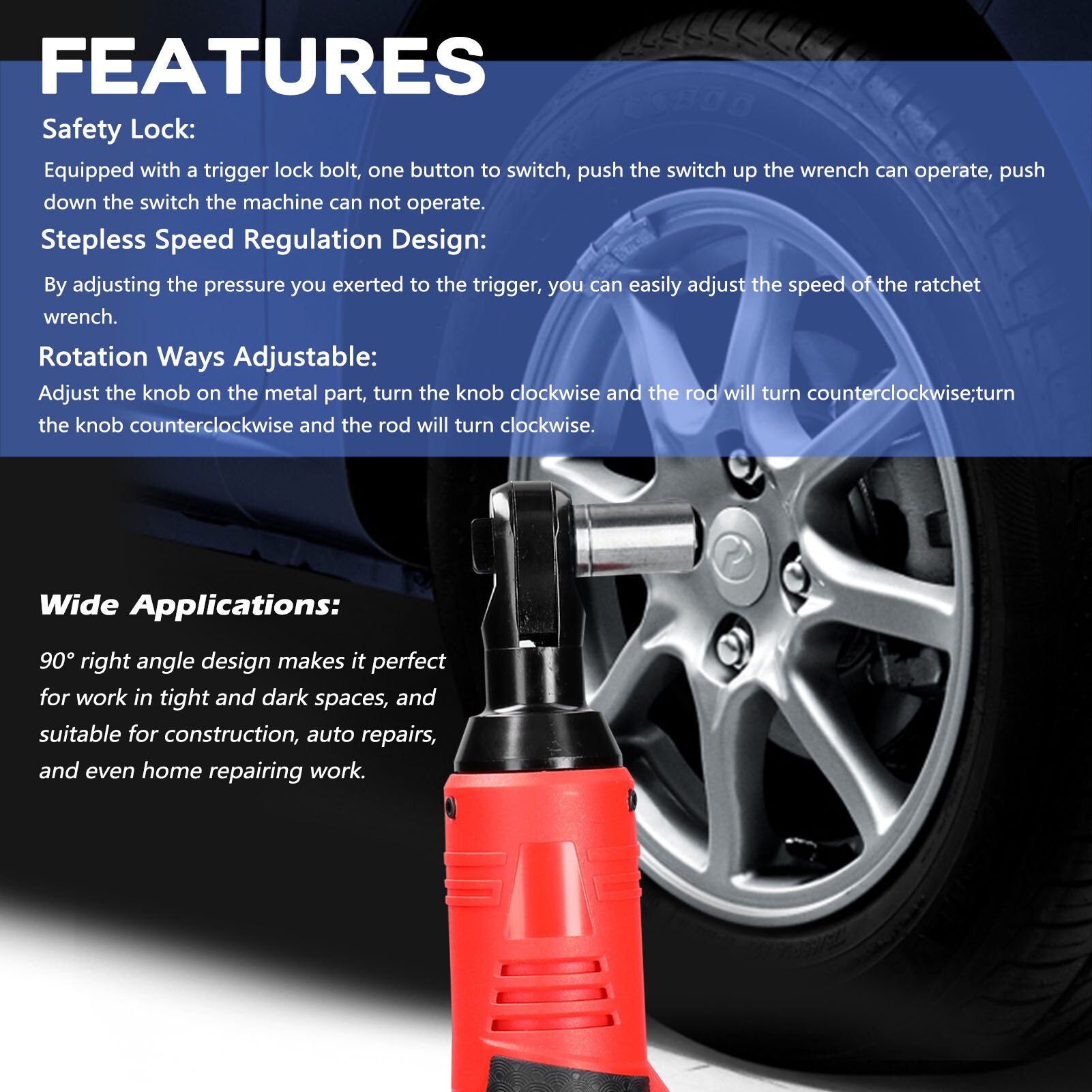 16.8V Impact Wrench Cordless Rechargeable Electric Wrench 3/8 Inch 90° Right Angle Ratchet Wrenches Impact Driver Power Tool