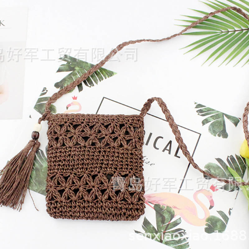 Femme été tissé creux paille croix corps sacs fermeture éclair crochet fleur sac de messager gland paille sac à bandoulière marron beige 2 couleur