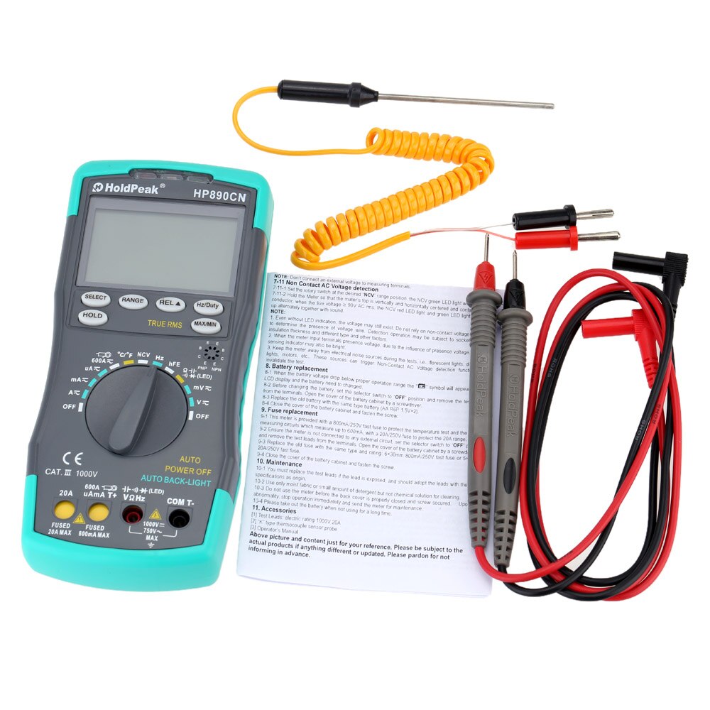 holdpeak hp-890cn Digital Multimeter Backlight resistance capacitance frequency duty cycle temperature and hFE test
