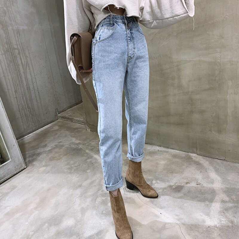 Vintage hoge taille rechte jeansbroek voor vrouwen streetwear losse vrouwelijke denim jeans knopen rits dames jeans pantalon 10394