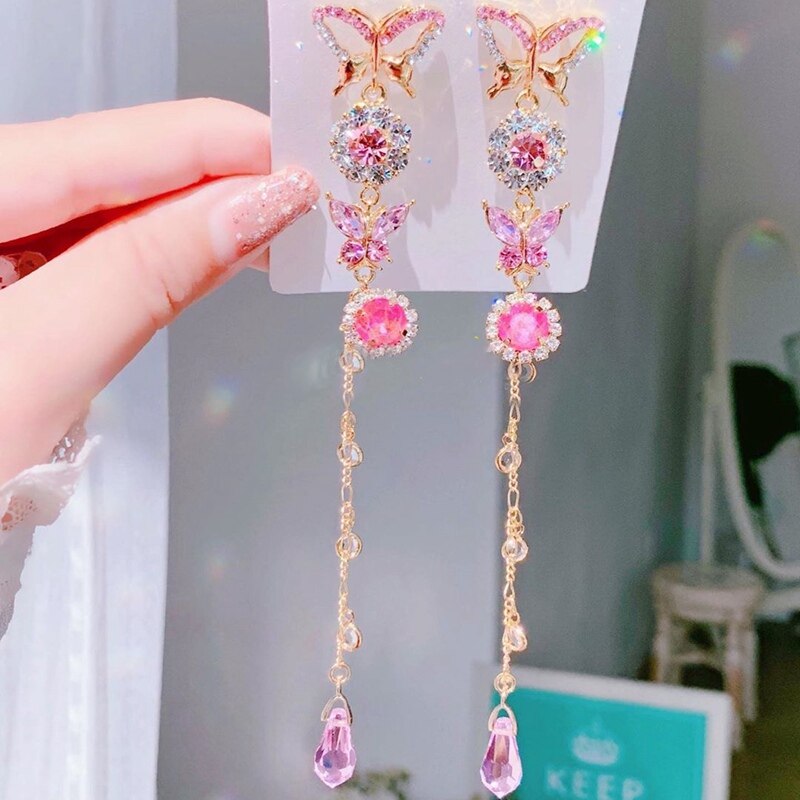 MENGJIQIAO coréenne cristal papillon Long gland boucles d'oreilles goutte pour les femmes étudiants fête de Pendientes bijoux: pink