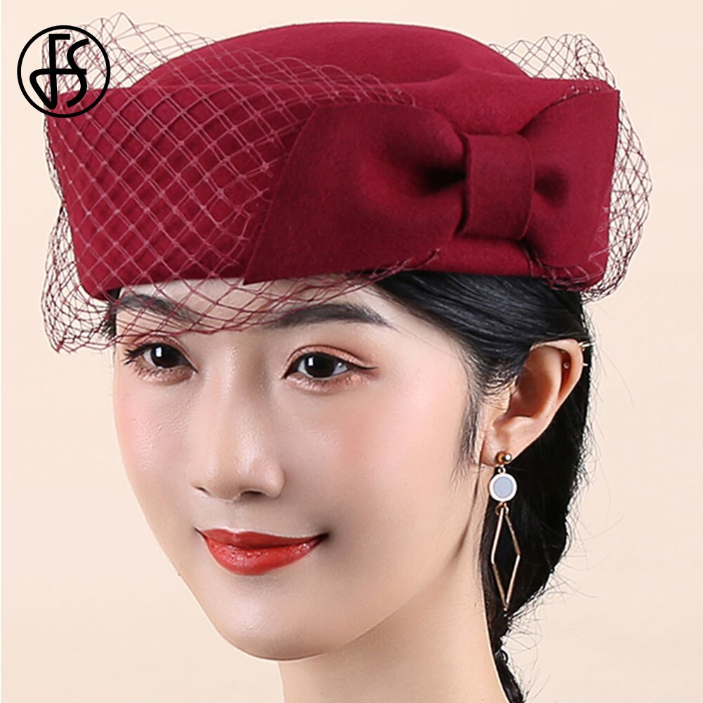 FS British Vintage Bowknot Black Veil Fascinator Hat Women Wool Felt Pillbox Hats Bridal Wedding Party Fedora Church Beret