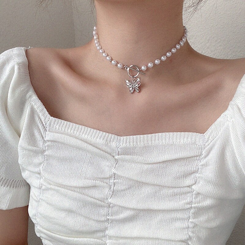 Bohemian Cute Butterfly Choker Necklace For Women Pearl Silver color Color Clavicle Chain Female Chocker Jewelry