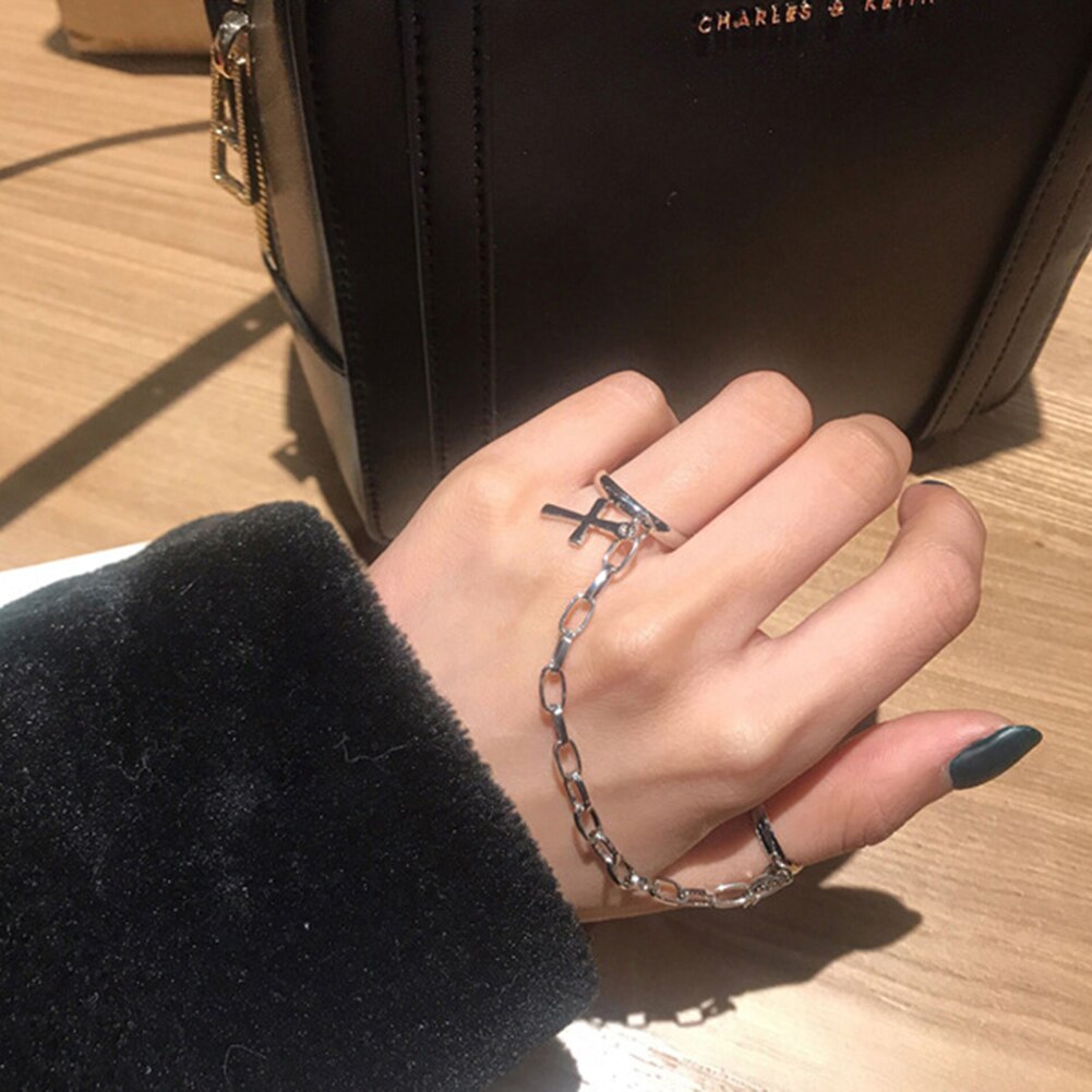 Silber Farbe Überzogen Retro Punk Hip-Hop Kreuz Ring Hand Finger Kette Einstellbar Ringe Schmuck Männer Frauen Kette