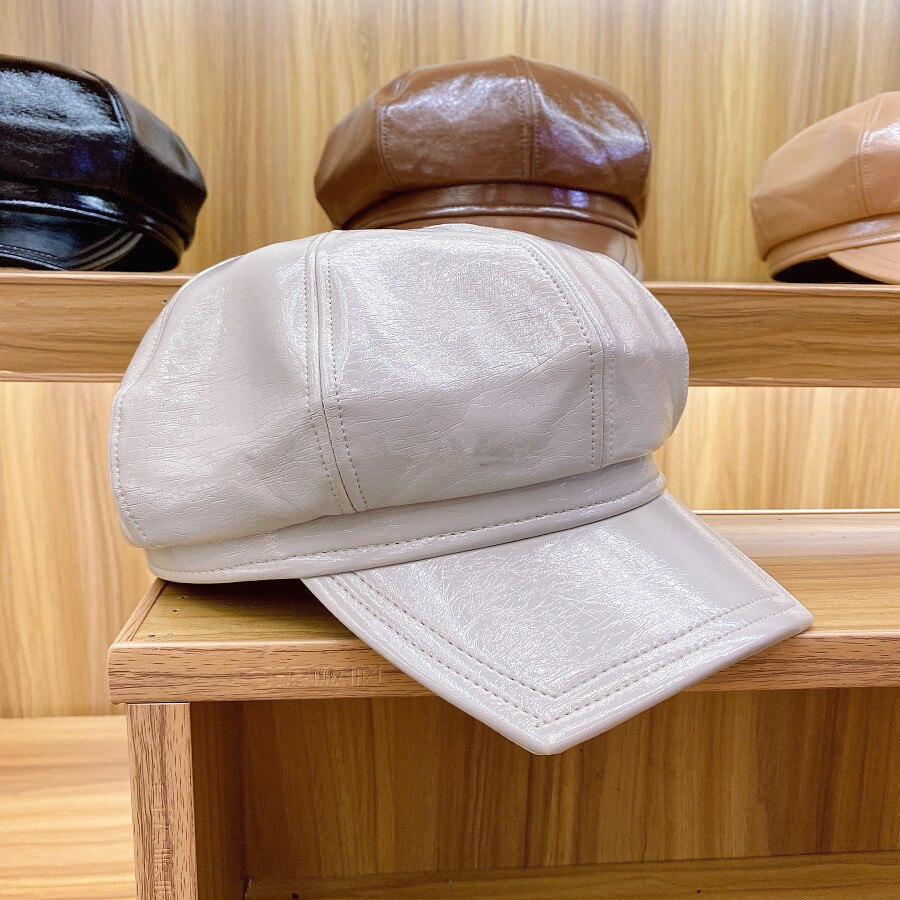 202009-YY FAUX LEATHER PU Glossy finish SOLID Square brim leisure Octagonal hat men women visors cap: Ivory