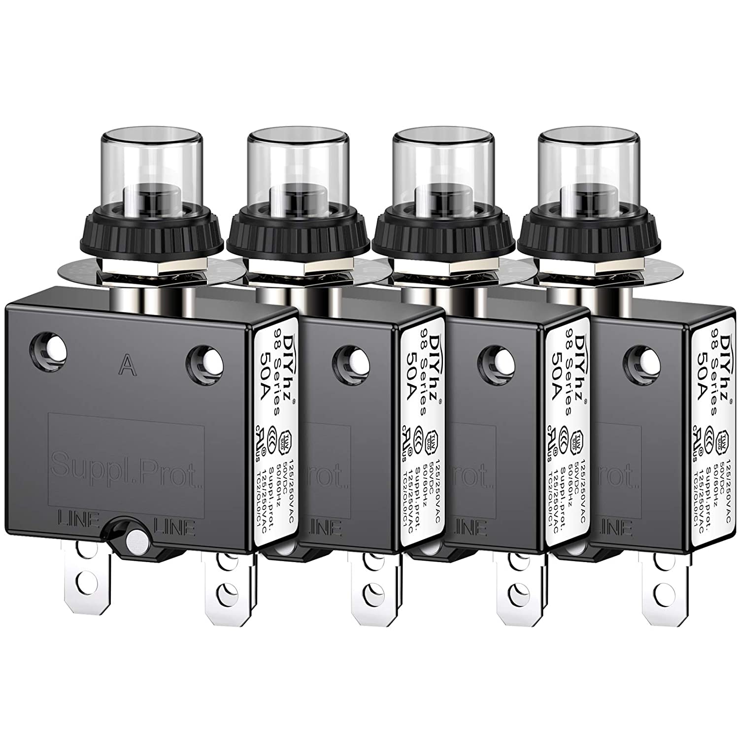 Thermal Circuit Breaker50AmpPushButton Manual Reset Circuit Breaker with Quick Connect Terminals &amp;Waterproof Button Transparent