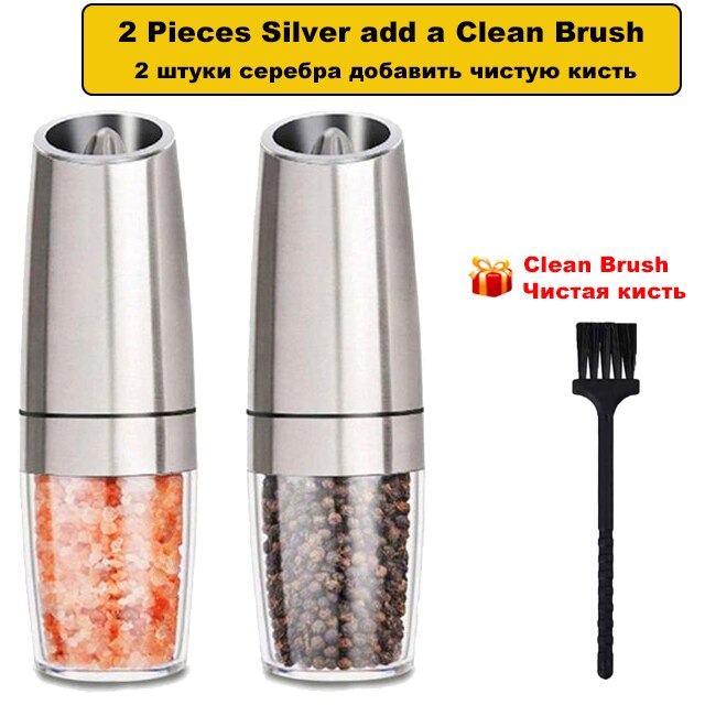 BEEMAN Electric Salt and Pepper Grinder Stainless Steel Automatic Gravity Induction Pepper Mill Kitchen Spice Grinders Tools: 2-Pcs Silver