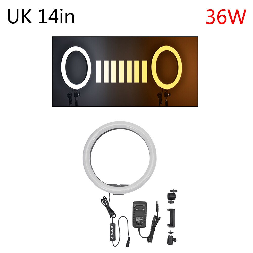 14" 5500K Dimmable LED Ring Light Diffuser MIRROR Stand Make Up Studio Dimmable Camera Phone Circle Led Selfie Ring: 14 EN