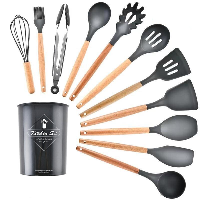 9/11/12 st silikonset matlagningsredskap set non-stick spatel spade trähandtag matlagningsredskap set med köksredskap förvaringslåda: Mörkgrå -11 st-b