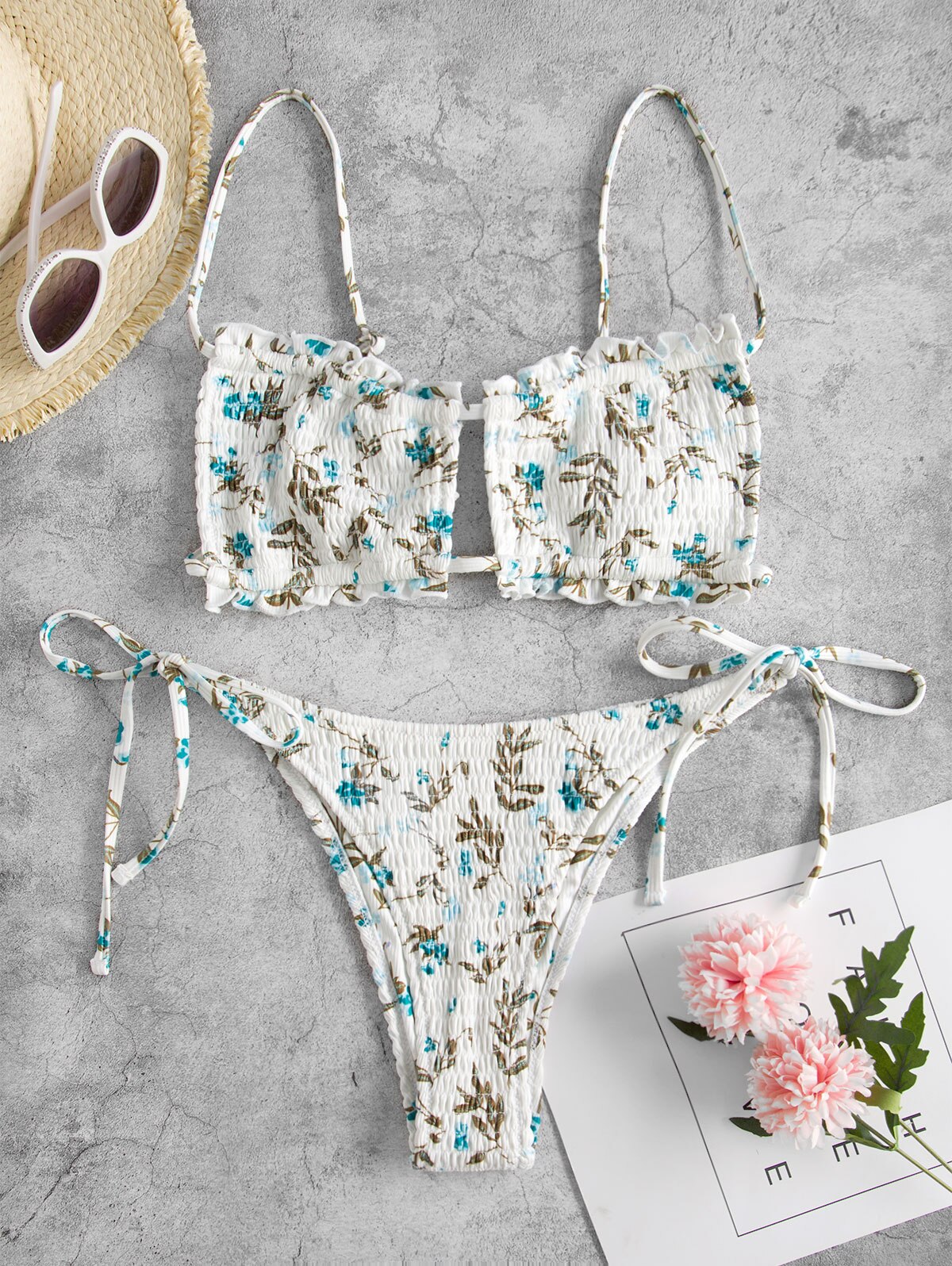Zaful Shirred Bloemen Bralette Uitsparing Tie Side Bikini Badmode: Blue / L