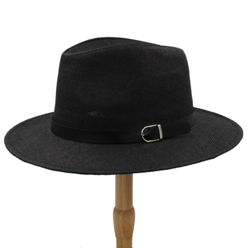 Women Men Straw Summer Sun Hat With Wide Brim Panama Hat For Beach Sunbonnet Sunhat With Belt Size 56-58CM: Black