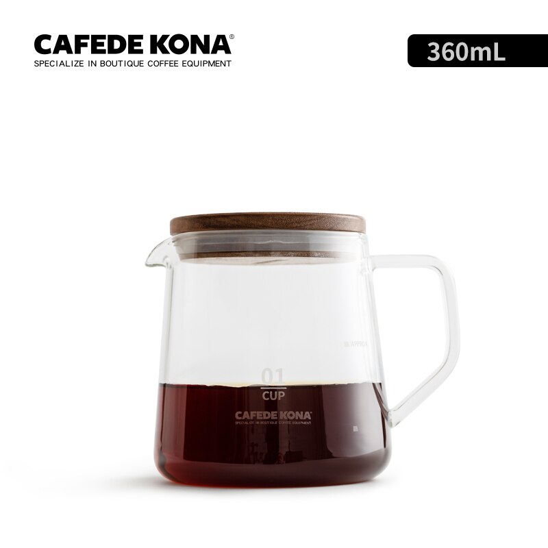 Cafetera KONA, servidor de vidrio resistente al calor y cubierta de nogal, 360ml/600ml, fermentación manual, se puede utilizar con 101/102 goteros y gotero de onda: 360ml (12 oz)