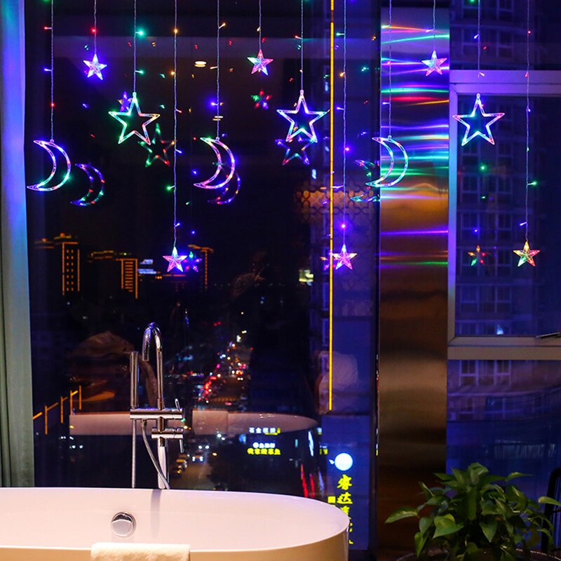 Cortina de luces LED de luna y estrella, guirnaldas navideñas de hadas con enchufe europeo de 220V, decoración al aire libre, Festival de vacaciones, cadena de luces parpadeantes