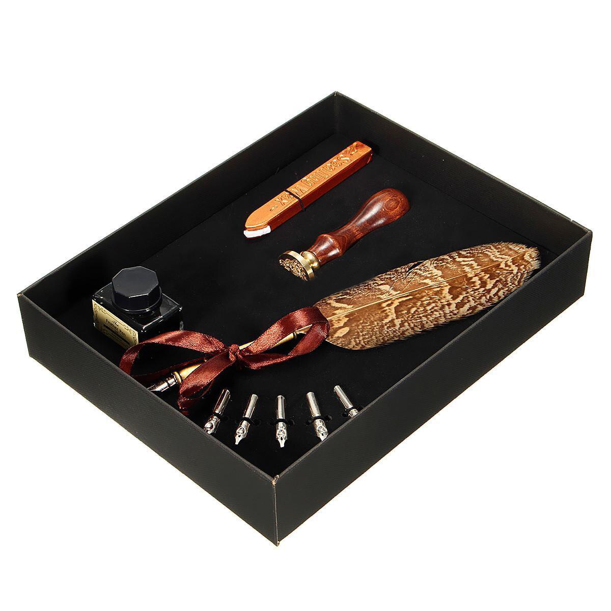 1 Set Antique Owl Feather Quill Dip Pen Writing Ink Set Stationery with Box