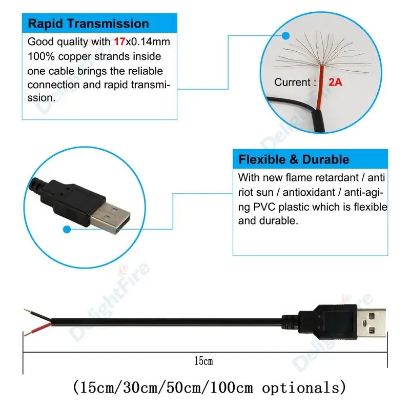 DC 5V USB 2.0 Typ A Męnarty 2-pinowy kabel Zasilacz Ładowarka robić DC5V Jednokolorowa taśma doprowadziło Światło DIY Kabel łączący