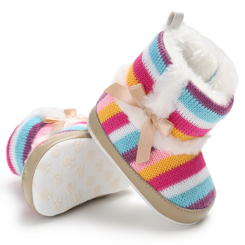 Winter Baby Laarzen Regenboog Gestreepte Baby Mocassins Katoen Onderkant Anti-Slip Super Warm Baby Meisjes Laarzen Schoenen 0-18 Maanden