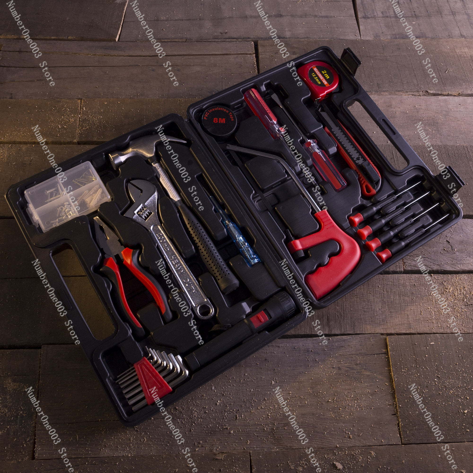 Juego de herramientas manuales de 65 piezas, incluye martillo, llave ajustable, juego de destornilladores y alicates