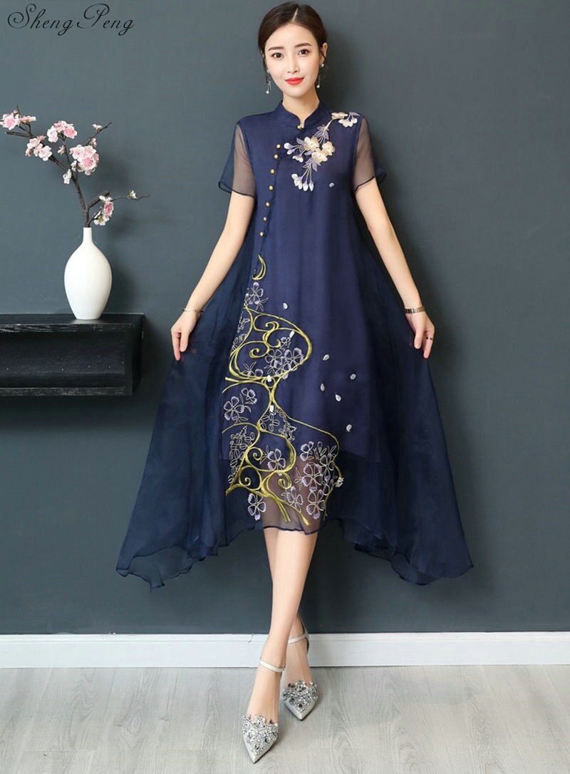 Vestido Qipao largo estilo Cheongsams, vestido tradicional chino de talla grande, flores de verano, Vintage, túnicas orientales V922