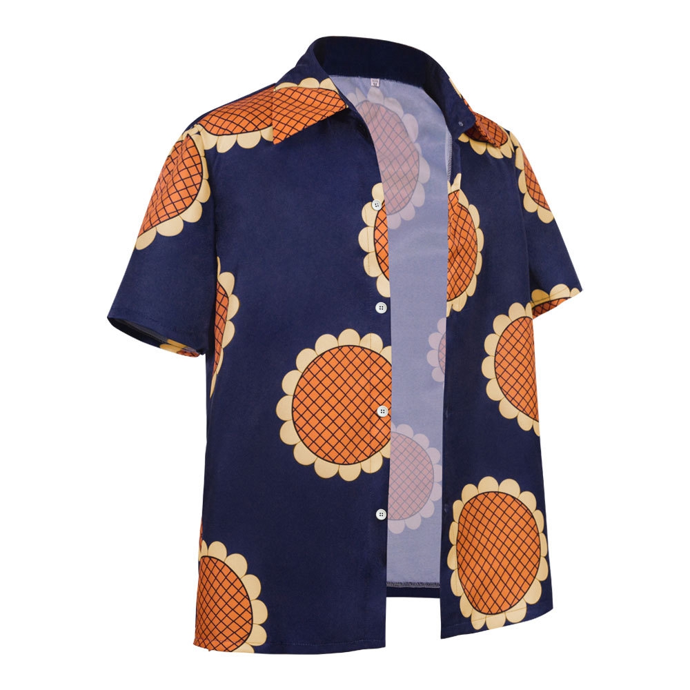 Hommes Anime Luffy Cosplay chemise été tournesol imprimé bleu haut décontracté T-Shirt Halloween fête singe D Luffy chapeau de paille chemise costume