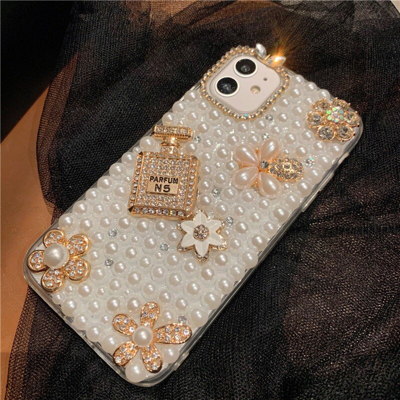 Bling Diamond Flower Pearl Phone Case For iPhone 12 11 Pro Max XS XR X 7 8 Plus Case Glitter Rhinestone Bottle Soft TPU Cover: For iPhone 7 or 8