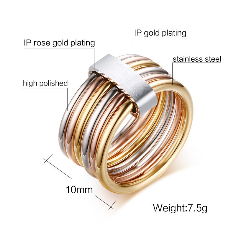 Vnox Mode 6 Plain Bands Vergrendeld Gestapeld Wide Verklaring Cocktail Ringen Voor Vrouwen Drie Kleuren Femme Ring Set
