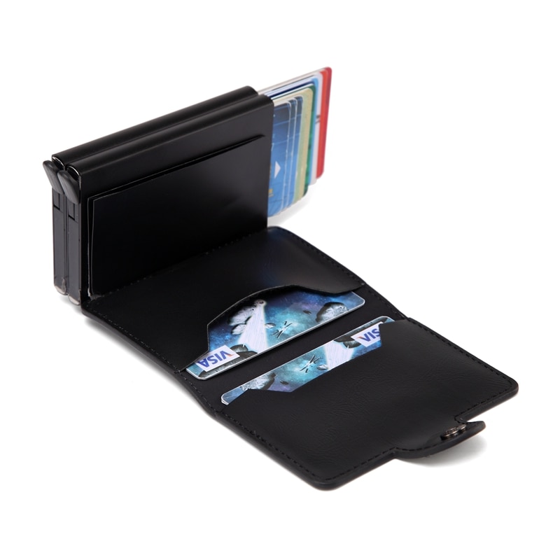 Cartera doble de aluminio para hombre, tarjetero de cuero para tarjetas de crédito RFID, billetera de Metal automática saliente, monedero antirrobo, tarjetero de negocios
