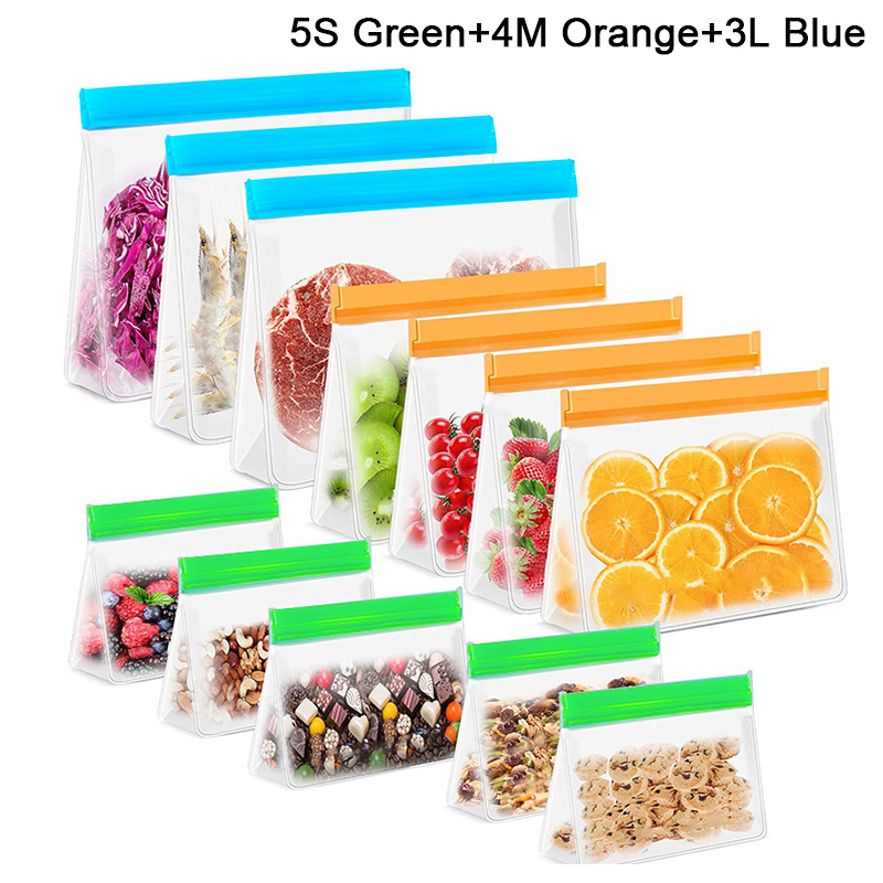 3 Sizes Reusable Stand Up Food Storage Bag Set Leakproof Freezer Food Sealing Bag Kitchen Organizer Fresh Shut Bags BPA Free: 12Pcs