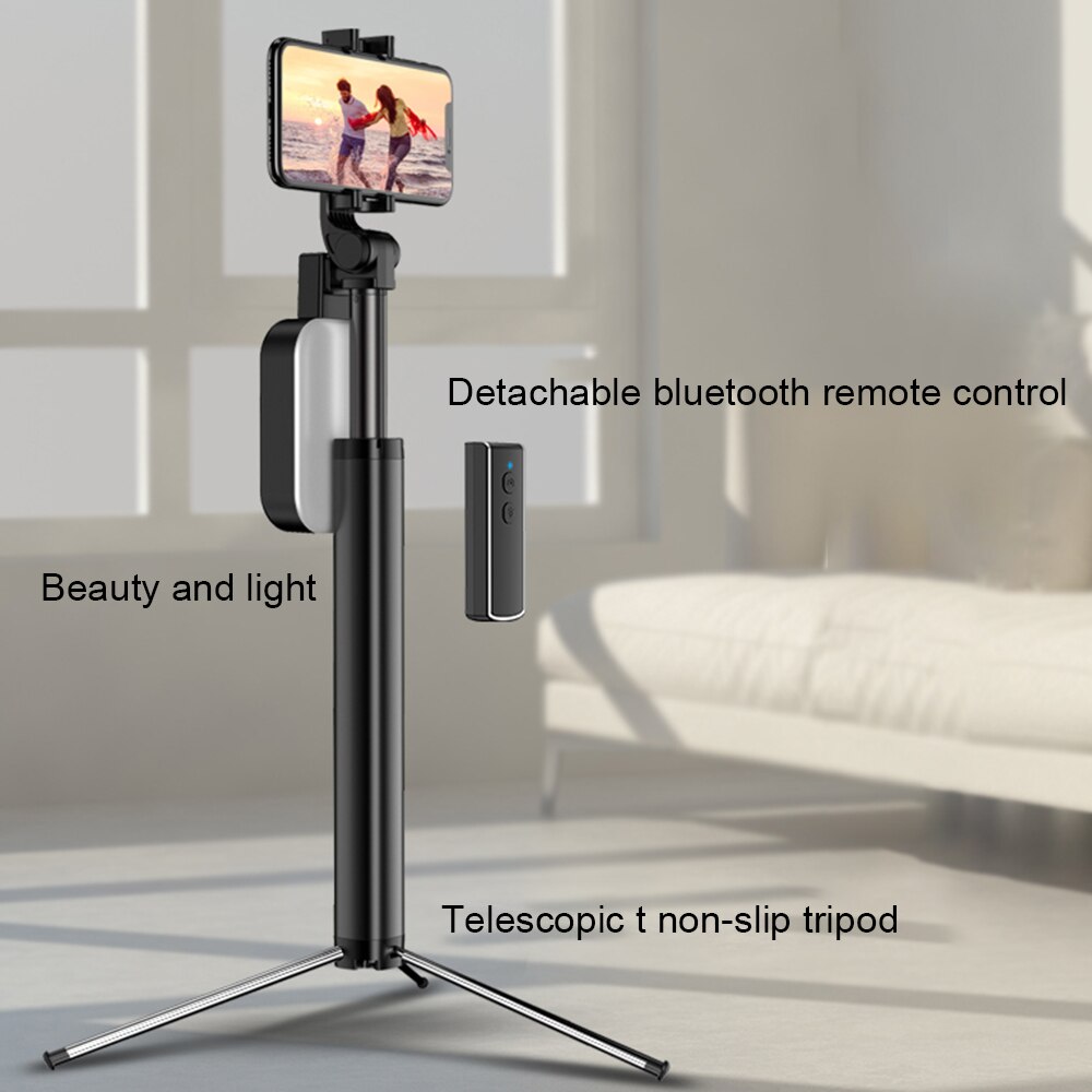 Sammenleggbar håndholdt monopod lukker fjernkontroll utvidbart stativ til iphone / android / huawei trådløs bluetooth selfie pinne fylle lys
