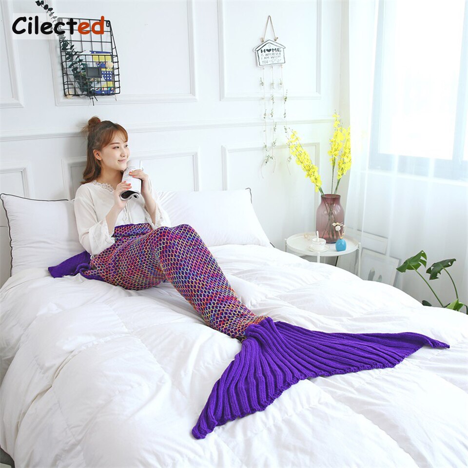 Sirène queue couverture Plaid laine tricoté couverture sur canapé-lit lire jeter pour adulte fil couvertures pour l'automne