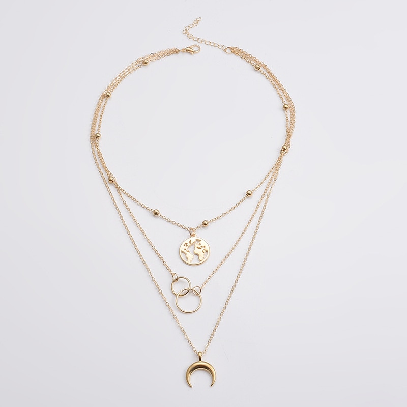 Multi-Layer Moon World Map Pendant Necklace For Women Gold Silver Color Necklaces Female Jewelry: Gold