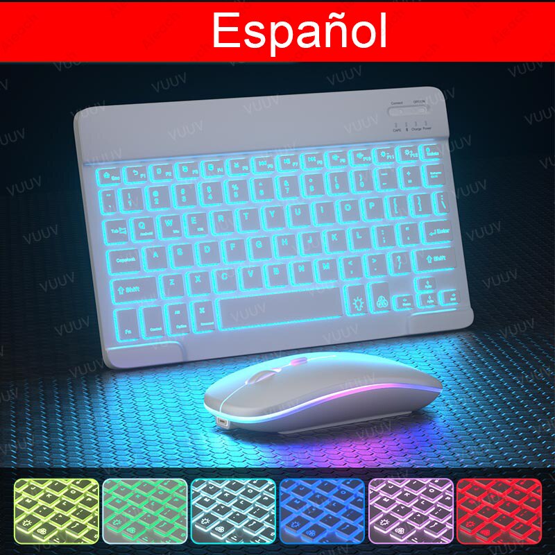 Teclado retroiluminado para tableta, periférico inalámbrico compatible con Bluetooth, ratón para Android, Windows, iOS, tableta, teléfono, portátil: Spanish White