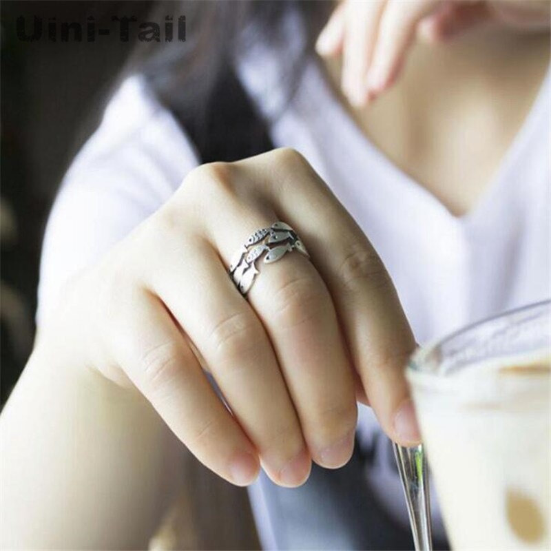 Uini-coda caldo nuovo 925 sterlina d'argento retrò gruppo di piccoli modelli di pesce anello aperto femminile Tailandese argento ampia-Fronte anello GN398