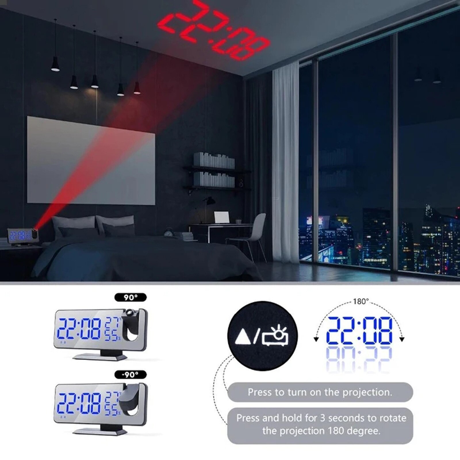 LED Digital Projection Alarm Clock Table Electronic Alarm Clock with Projection FM Radio Time Projector Bedroom Bedside Clock