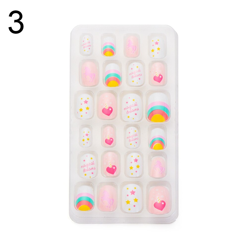 24 pièces dessin animé auto-adhésif faux ongles presse sur ongles enfant couverture complète détachable réutilisable acrylique bâton sur faux ongles: 03
