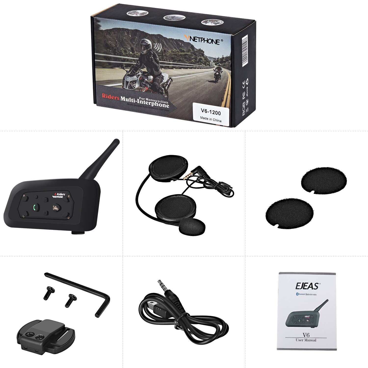 EU R6/E6/V6 Helmet Intercom 6 Riders 1200M Motorcycle Bluetooth Intercom Headset Walkie Talkie Helmet BT Interphone/Vnetphone