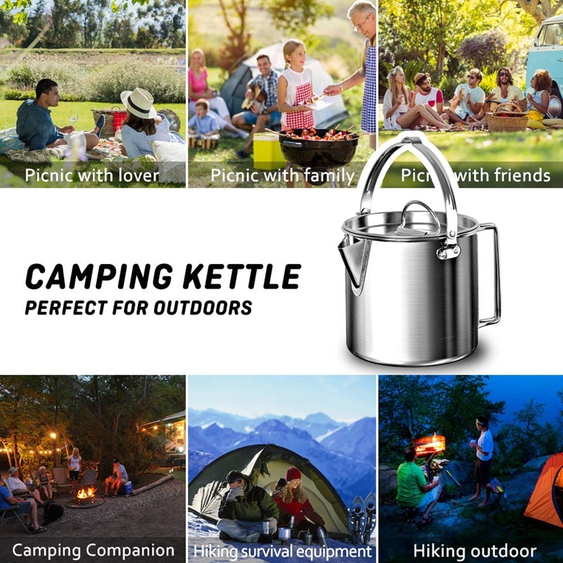 Utomhus camping vattenkokare rostfritt stål kokvatten 1.2l lätt kompakt camping kruka för vandring backpacking picknick